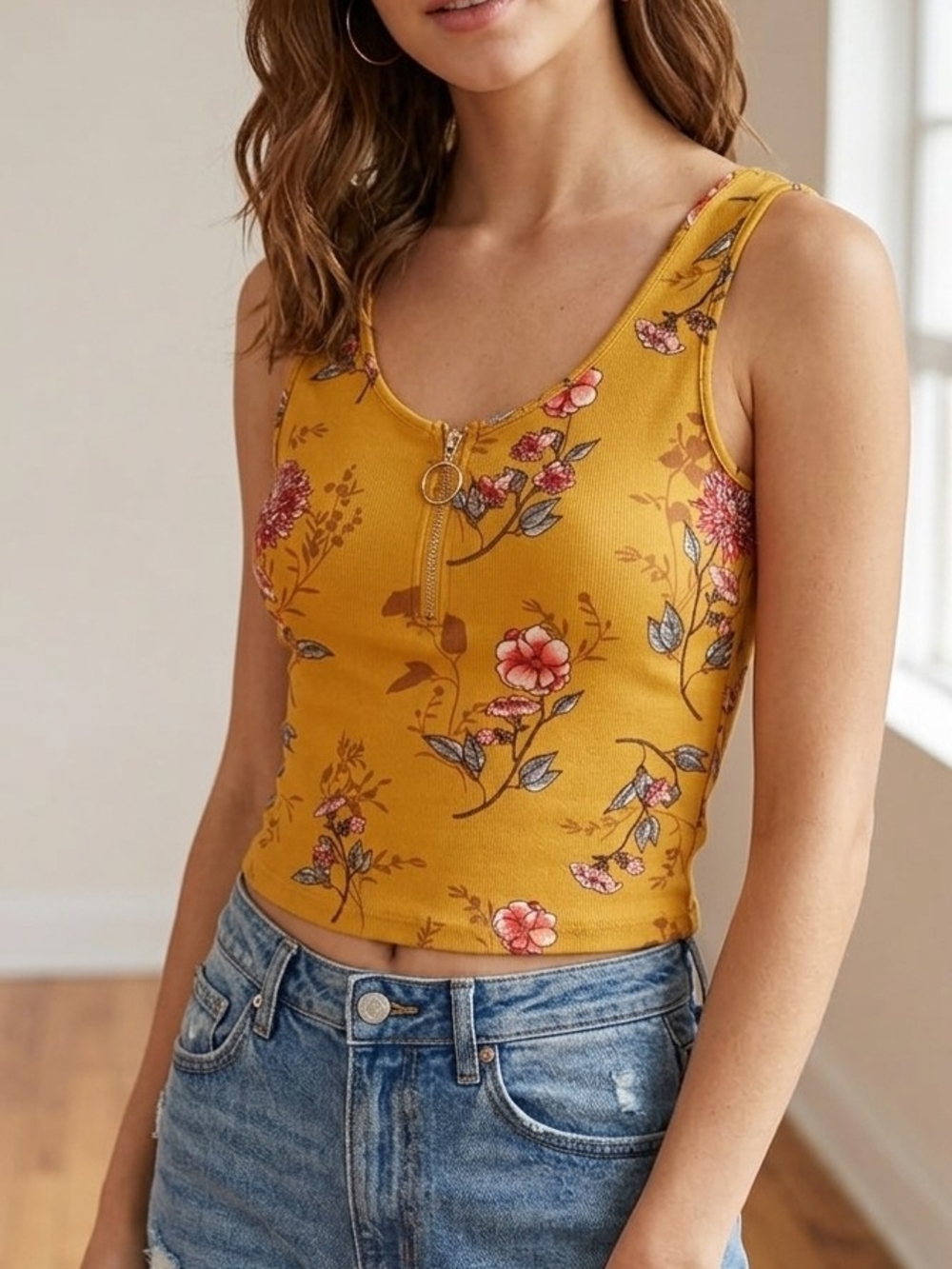 Rue21 Mustard Floral Zip-Front Tank.    (WS 44)